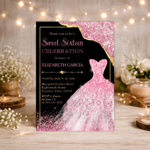 Pink Watercolor Dress and Glam Edge Sweet Sixteen Invitation