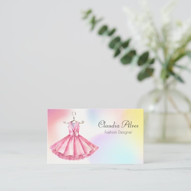Pink Watercolor Dress Fashion Designer Business Card (Standing Front)