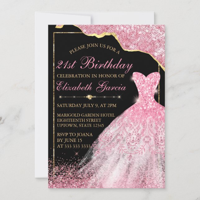 Pink Watercolor Dress & Glam Edge 21st Birthday Invitation (Front)