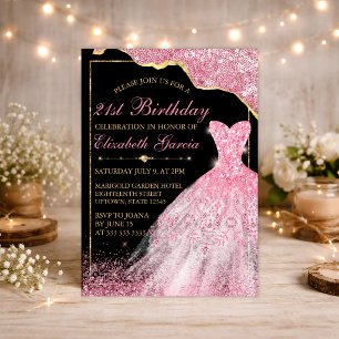Pink Watercolor Dress & Glam Edge 21st Birthday Invitation