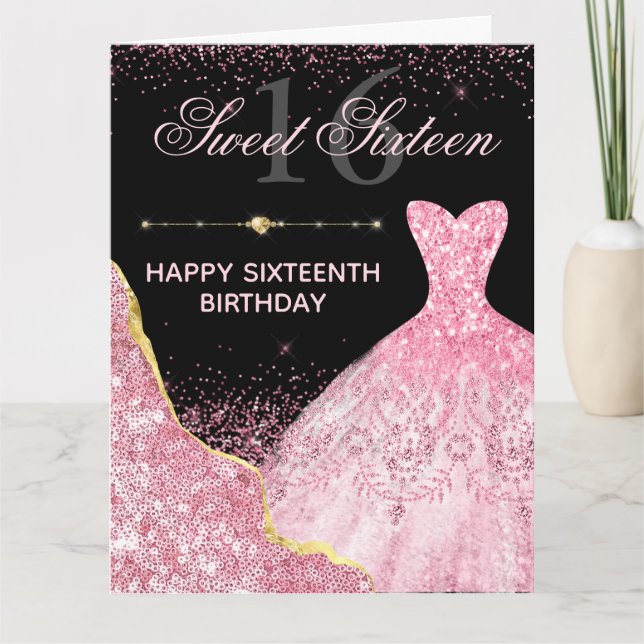 Pink Watercolor Dress Glam Edge Sweet 16 Birthday Card (Front)