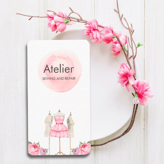 Pink Watercolor Dress Mannequin  Business Card (#zazzlemade #tailorcard #seamstress #fashiondesigner #stylist)