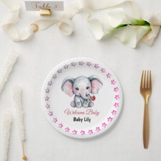 Pink Watercolor Elephant Baby Shower Paper Plate