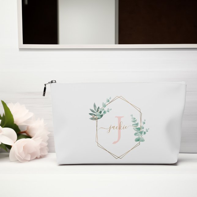 Pink Watercolor Eucalyptus Frame Monogrammed Accessory Pouch (Creator Uploaded)