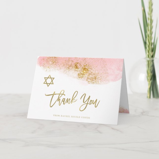 Pink Watercolor | Faux Gold Bat Mitzvah Thank You Card (Front)