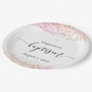pink watercolor   faux gold details Baptism  Paper Plate