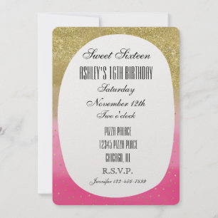 Pink Watercolor Faux Gold Glitter Confett Sweet 16 Invitation