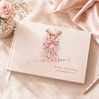 Pink Watercolor Fawn Baby Shower 3 Ring Binder Guest Book
