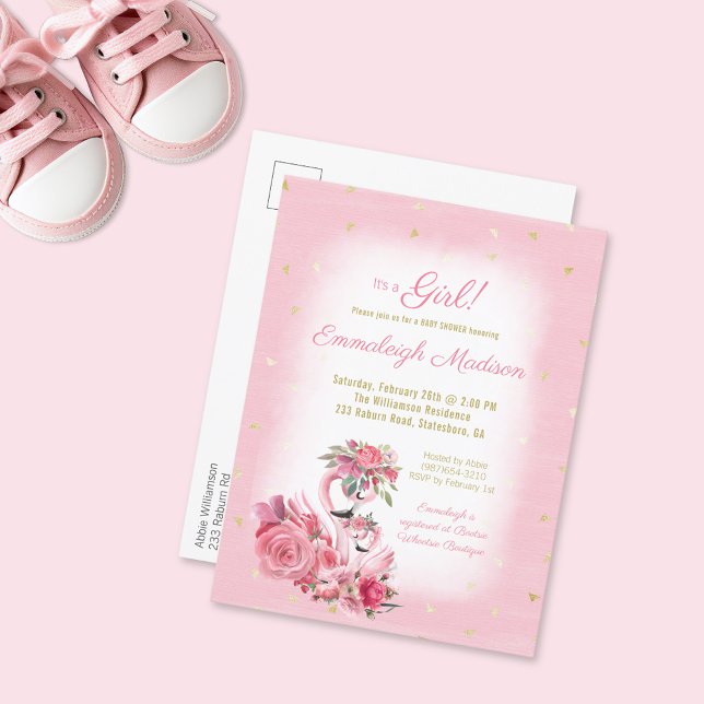 Pink Watercolor Flamingo Ballerina Baby Shower Invitation Postcard (Creator Uploaded)
