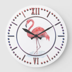 Pink watercolor Flamingo . Large Clock