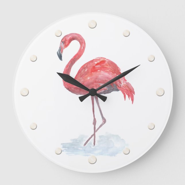 Pink watercolor Flamingo . Large Clock (Front)