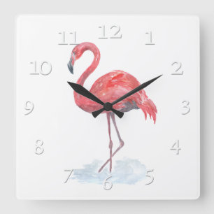 Pink watercolor Flamingo . Square Wall Clock