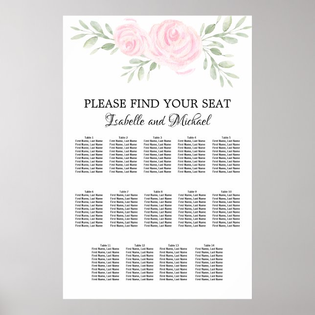 Pink Watercolor Floral 14-Table Seating Chart (Front)