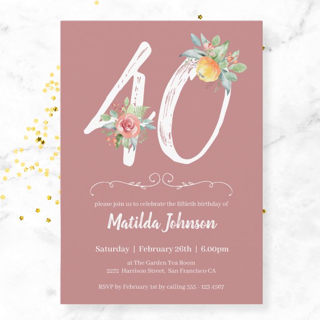 Pink Watercolor Floral 40th Birthday Party Invitation (Mockup View)