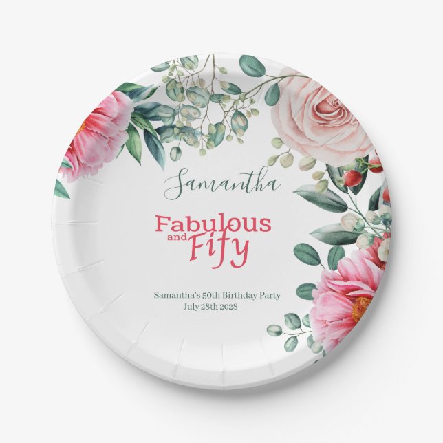 Pink Watercolor Floral 50th Birthday Party Paper Plate (Front)
