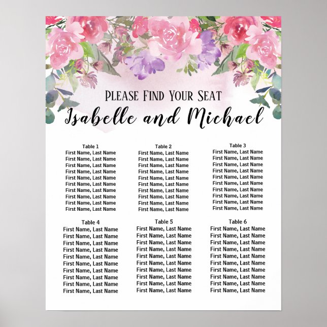 Pink Watercolor Floral 6-Table Seating Chart (Front)