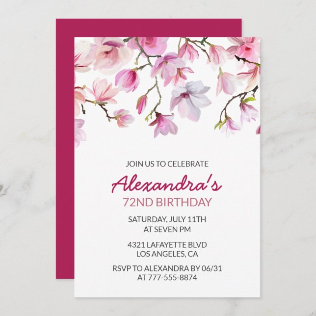 Pink Watercolor Floral 72nd birthday invitation  (Front/Back)