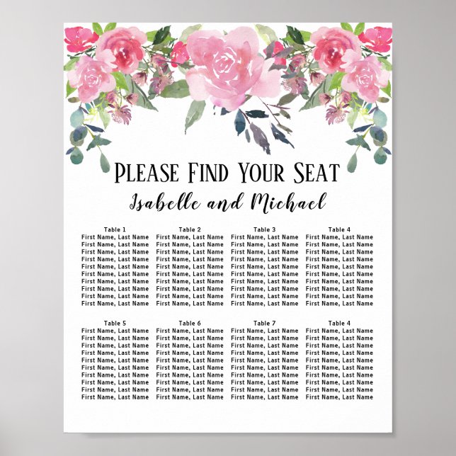 Pink Watercolor Floral 8-Table Seating Chart (Front)