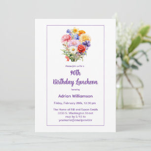 Pink Watercolor Floral 90th Birthday Invitation