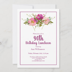 Pink Watercolor Floral 90th Birthday Invitation