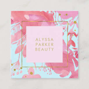 Pink Watercolor Floral and Baby Blue with Gold Square Business Card