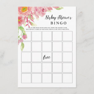 Pink Watercolor Floral Baby Shower Bingo Game Card