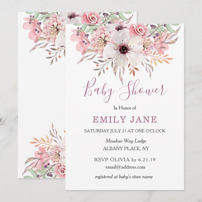 Pink Watercolor Floral Baby Shower Invitation (Front/Back)