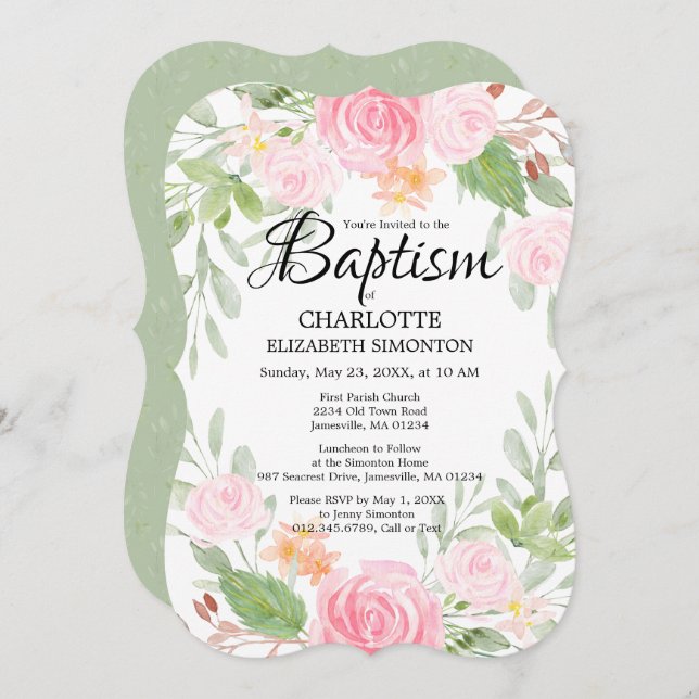 Pink Watercolor Floral Baptism Invitations (Front/Back)