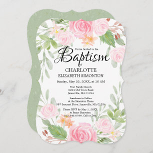 Pink Watercolor Floral Baptism Invitations