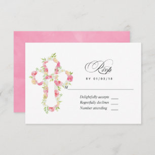 Pink Watercolor Floral Baptism or Christening RSVP Card