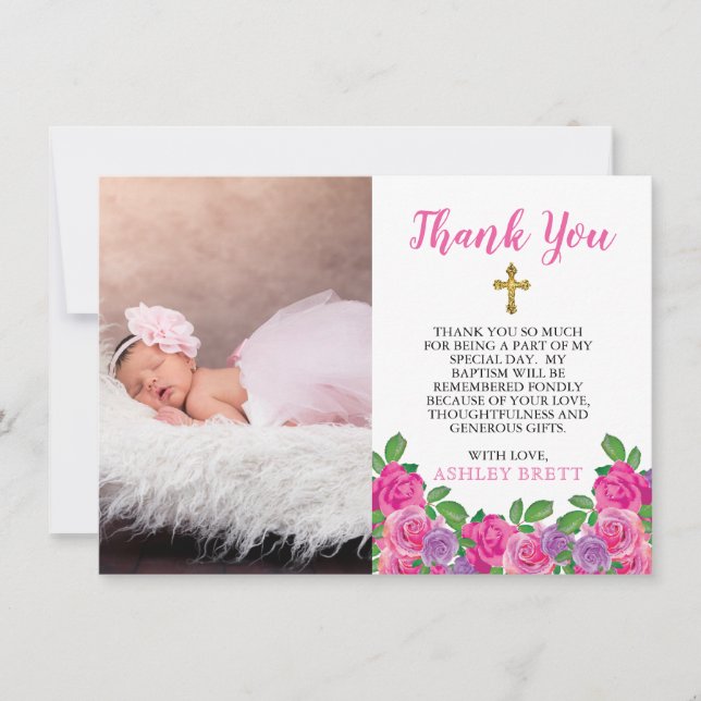 Pink Watercolor Floral Baptism Photo Thank You Card (Front)
