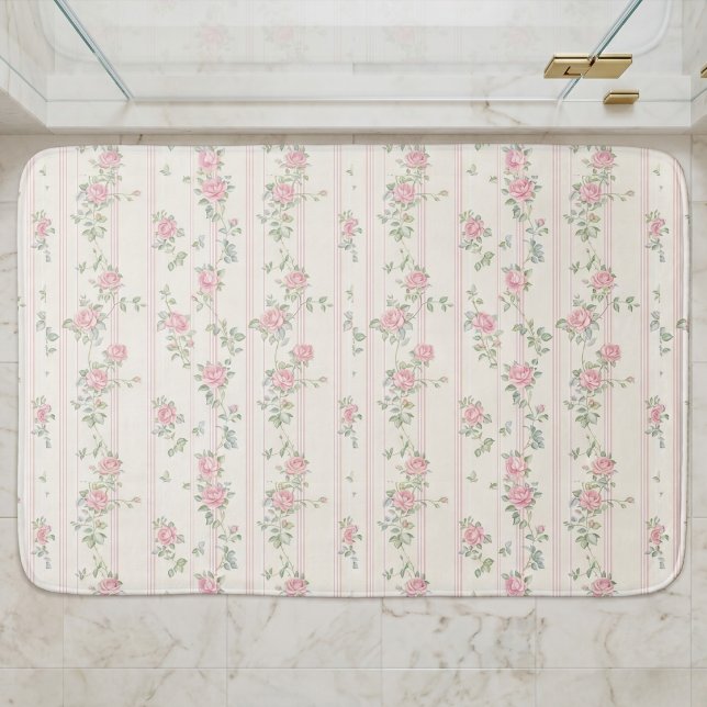 Pink Watercolor Floral Bath Mat (cute vintage girly coquette pink floral rose pattern bath mat)