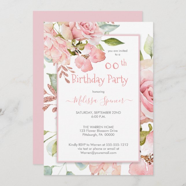 Pink Watercolor Floral Birthday Party Invitation (Front/Back)