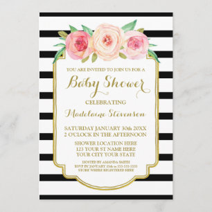 Pink Watercolor Floral Black Stripes Baby Shower Invitation