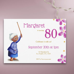 Pink Watercolor Floral Black Woman 80th Birthday Invitation