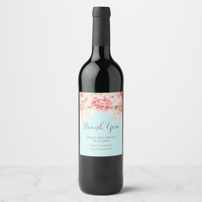 Pink Watercolor Floral Blue Baby Shower Wine Label (Front)
