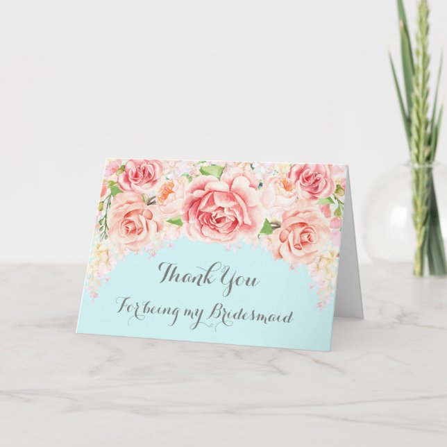 Pink Watercolor Floral Blue Thank You Bridesmaid (Front)