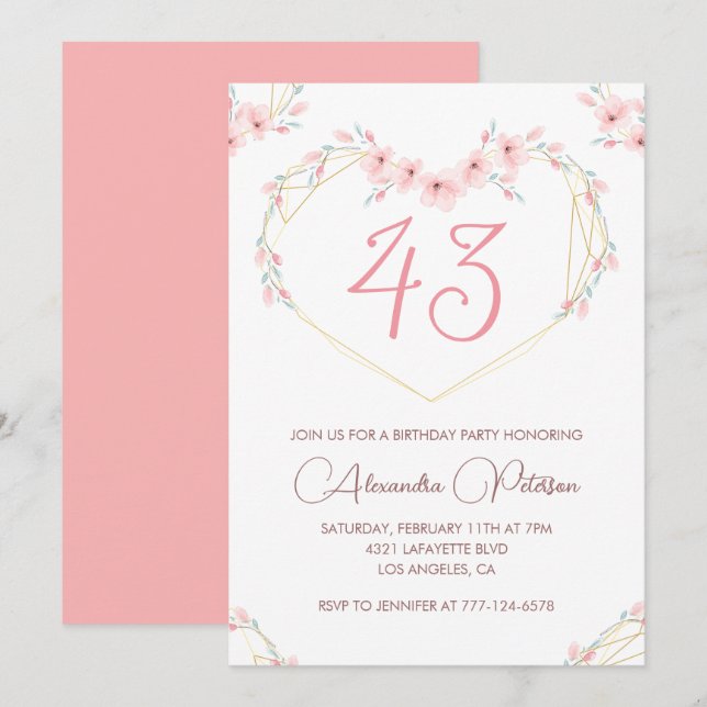 Pink Watercolor Floral Boho 43rd birthday  Invitation (Front/Back)