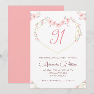 Pink Watercolor Floral Boho 91st birthday Invitation