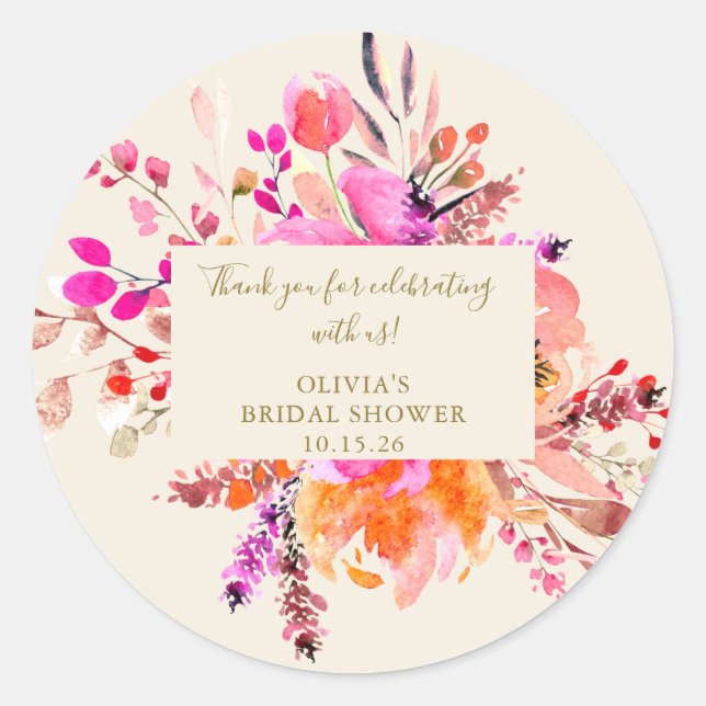 Pink Watercolor Floral Bouquet Bridal Shower Classic Round Sticker (Front)