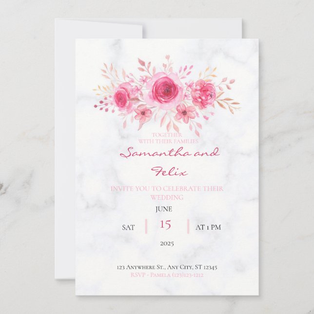 Pink Watercolor Floral Bouquet Wedding Invitation (Front)