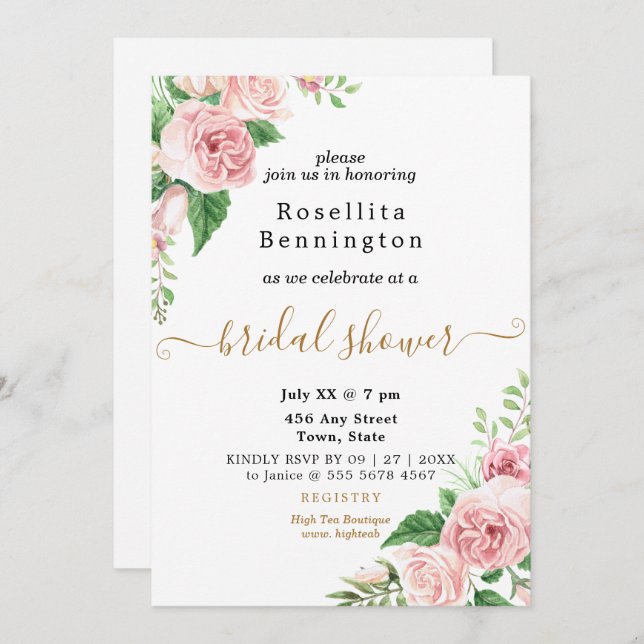 Pink Watercolor Floral Bridal Shower Invitation (Front/Back)