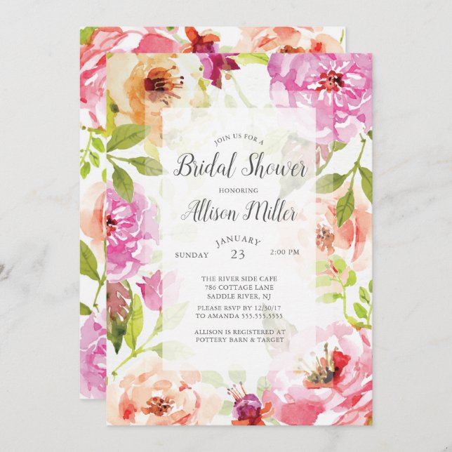 Pink Watercolor Floral Bridal Shower Invitation (Front/Back)