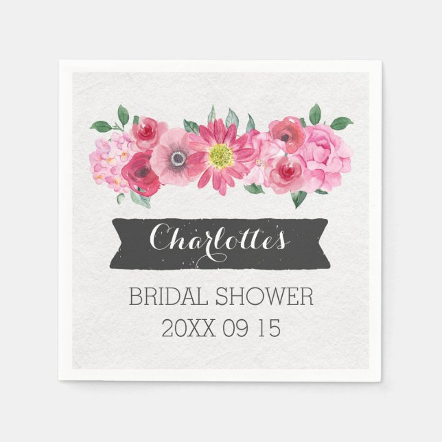 Pink Watercolor Floral Bridal Shower Napkin (Front)