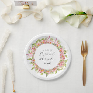 Pink Watercolor Floral Bridal Shower Paper Plate