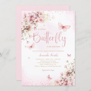 Pink Watercolor Floral Butterfly Girl Baby Shower Invitation
