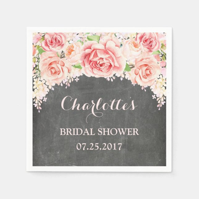 Pink Watercolor Floral Chalkboard Bridal Shower Napkin (Front)