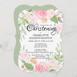 Pink Watercolor Floral Christening Invitations