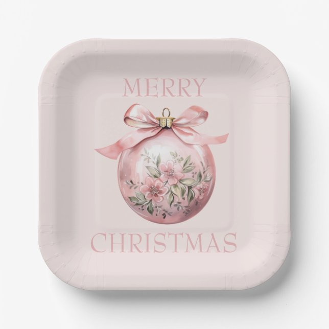 Pink Watercolor Floral Christmas Ornament Paper Plate (Front)