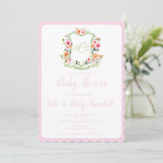 Pink Watercolor Floral Crest Baby Shower Invite